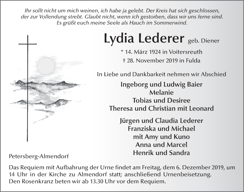  Traueranzeige für Lydia Lederer vom 03.12.2019 aus FZ