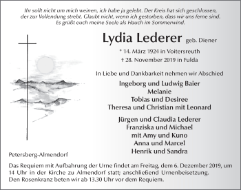 Traueranzeige von Lydia Lederer von FZ