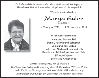 Traueranzeige von Marga Euler von FZ