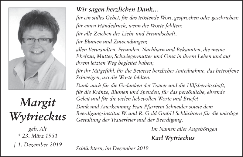  Traueranzeige für Margit Wytrieckus vom 24.12.2019 aus FZ