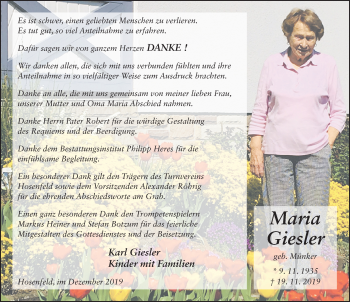 Traueranzeige von Maria Giesler von FZ