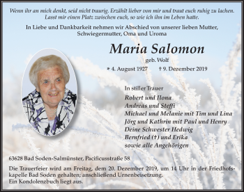 Traueranzeige von Maria Salomon von FZ