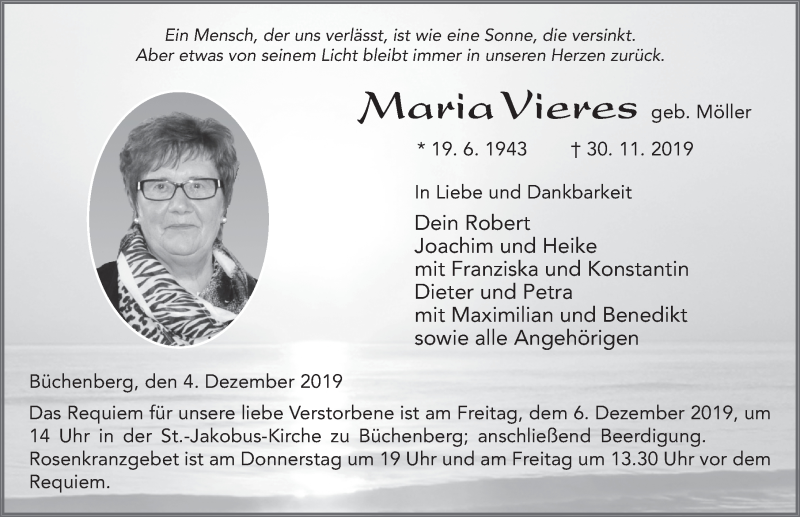  Traueranzeige für Maria Vieres vom 04.12.2019 aus FZ