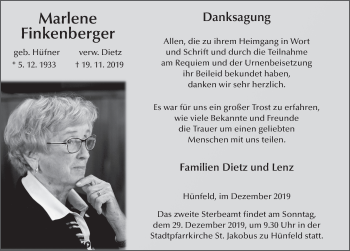 Traueranzeige von Marlene Finkenberger von FZ