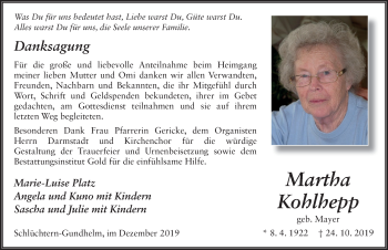 Traueranzeige von Martha Kohlhepp von FZ