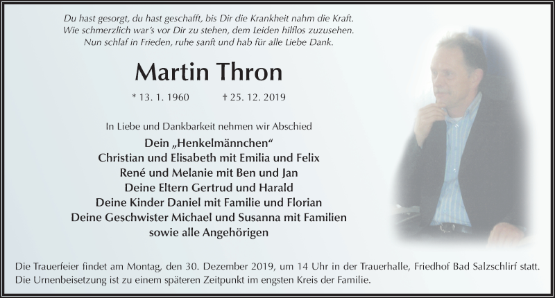  Traueranzeige für Martin Thron vom 28.12.2019 aus FZ