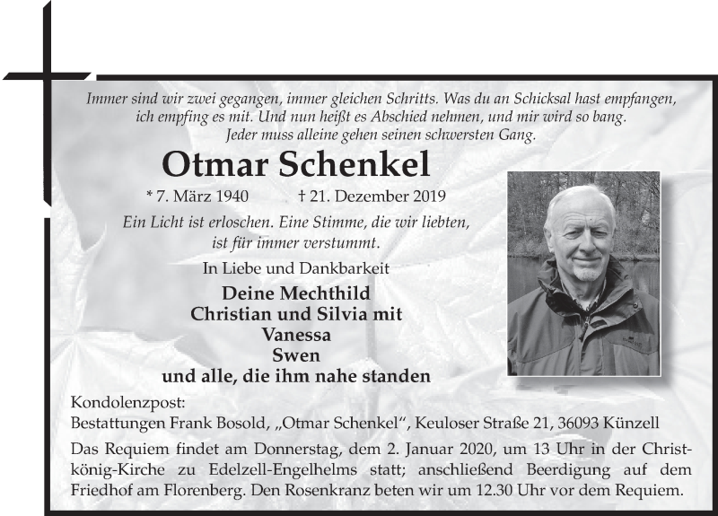  Traueranzeige für Otmar Schenkel vom 28.12.2019 aus FZ