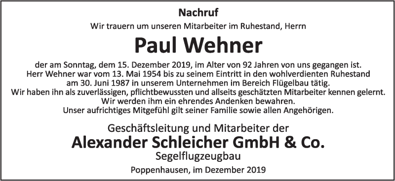  Traueranzeige für Paul Wehner vom 19.12.2019 aus FZ