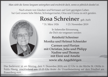 Traueranzeige von Rosa Schreiner von FZ