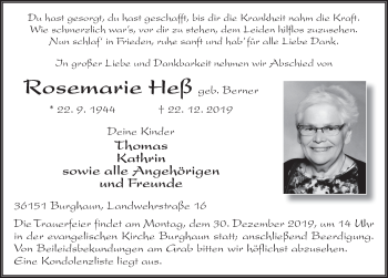 Traueranzeige von Rosemarie Heß von FZ