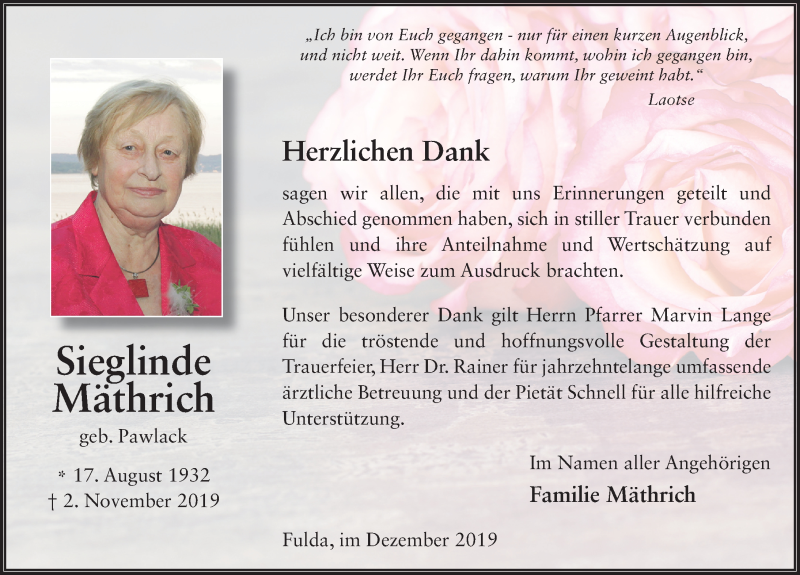  Traueranzeige für Sieglinde Mäthrich vom 14.12.2019 aus FZ