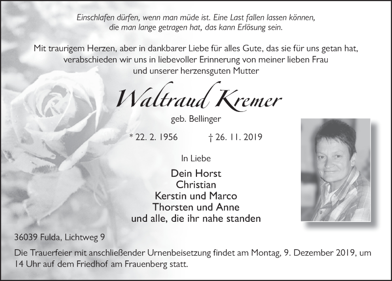  Traueranzeige für Waltraud Kremer vom 04.12.2019 aus FZ