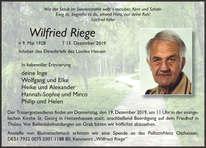  Traueranzeige für Wilfried Riege vom 17.12.2019 aus FZ