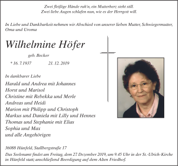 Traueranzeige von Wilhelmine Höfer von FZ