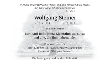Traueranzeige von Wolfgang Steiner von FZ
