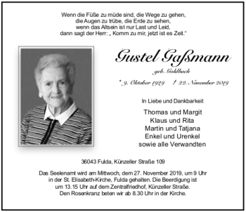 Traueranzeige von Gustel Gaßmann von FZ