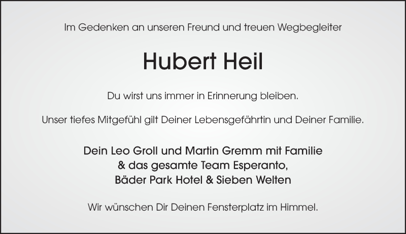  Traueranzeige für Hubert Heil vom 19.01.2019 aus FZ