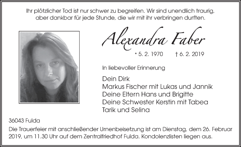  Traueranzeige für Alexandra Faber vom 22.02.2019 aus 
