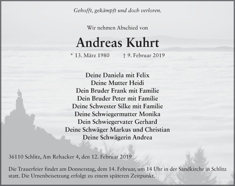  Traueranzeige für Andreas Kuhrt vom 12.02.2019 aus FZ