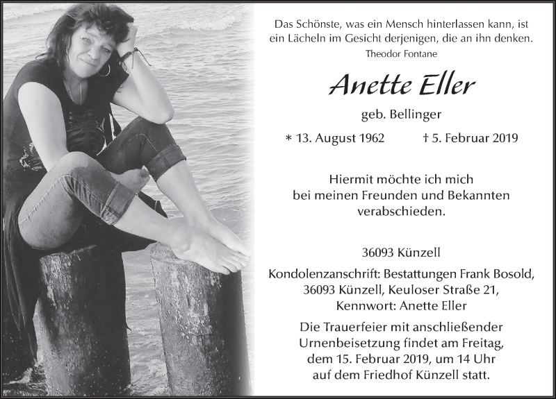  Traueranzeige für Anette Eller vom 12.02.2019 aus FZ