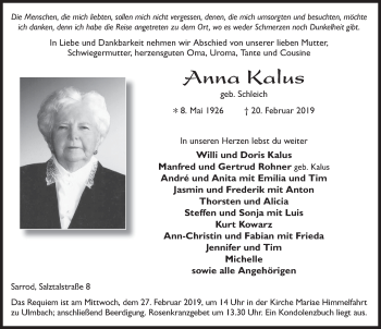 Traueranzeige von Anna Kalus von FZ