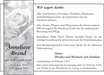 Traueranzeige von Anneliese Brand von FZ
