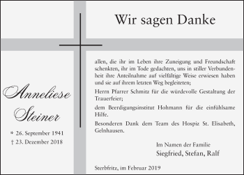 Traueranzeige von Anneliese Steiner von FZ