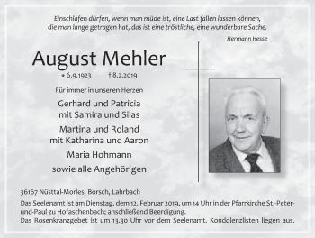 Traueranzeige von August Mehler von FZ