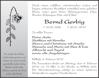 Traueranzeige von Bernd Gerbig von FZ