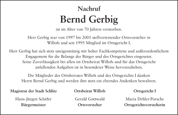 Traueranzeige von Bernd Gerbig von FZ