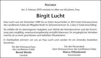 Traueranzeige von Birgit Lucht von FZ
