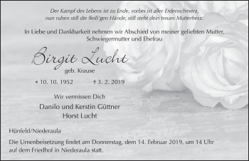 Traueranzeige von Birgit Lucht von FZ