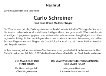 Traueranzeige von Carlo Schreiner von FZ