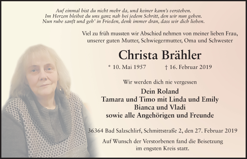  Traueranzeige für Christa Brähler vom 27.02.2019 aus FZ