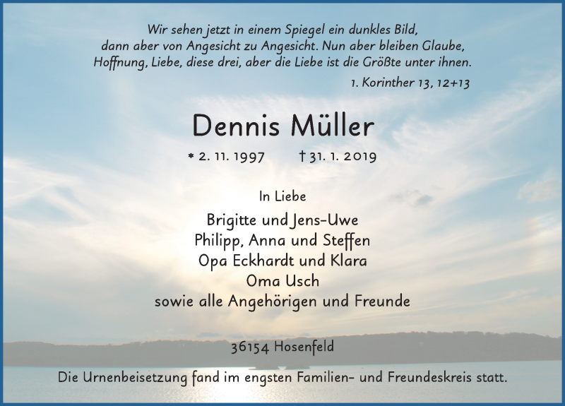  Traueranzeige für Dennis Müller vom 13.02.2019 aus FZ