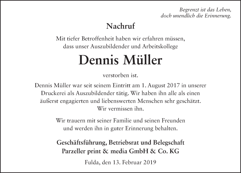  Traueranzeige für Dennis Müller vom 13.02.2019 aus FZ