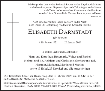Traueranzeige von Elisabeth Darmstadt 