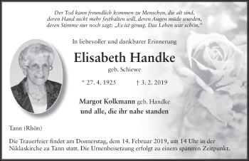 Traueranzeige von Elisabeth Handke von FZ