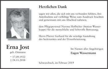 Traueranzeige von Erna Jost 