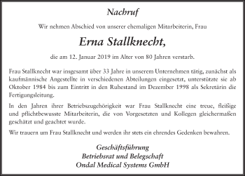 Traueranzeige von Erna Stallknecht von FZ