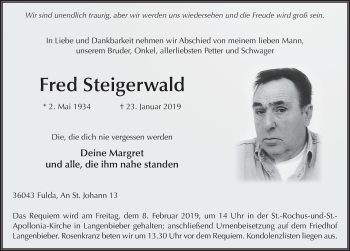 Traueranzeige von Fred Steigerwald von FZ
