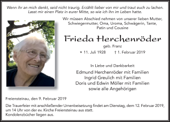 Traueranzeige von Frieda Herchenröder von FZ