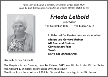 Traueranzeige von Frieda Leibold von FZ