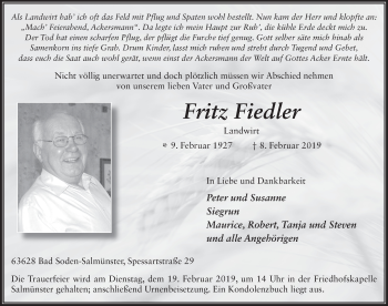 Traueranzeige von Fritz Fiedler von FZ