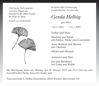 Traueranzeige von Gerda Helbig von FZ