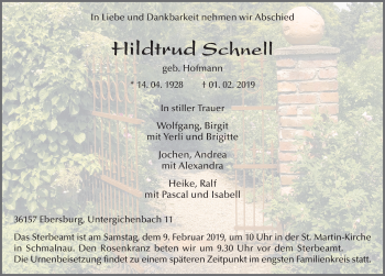 Traueranzeige von Hildtrud Schnell von FZ