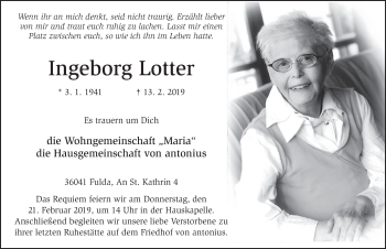 Traueranzeige von Ingeborg Lotter von FZ