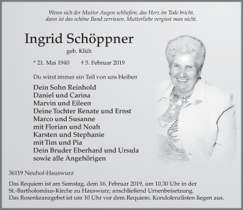 Traueranzeige von Ingrid Schöppner von FZ