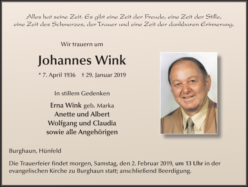  Traueranzeige für Johannes Wink vom 01.02.2019 aus 