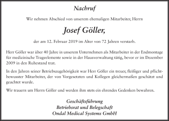 Traueranzeige von Josef Göller 
